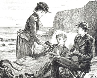 Gravyr föreställande en krympling pojke vid havet av Mary Ellen Edwards