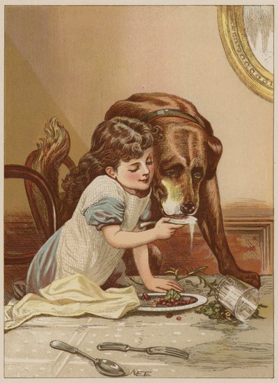 Flickans matande hund (chromolitho) av Mary Ellen Edwards