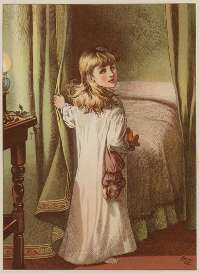 Tjej som drar sig tillbaka till sängen (chromolitho) av Mary Ellen Edwards