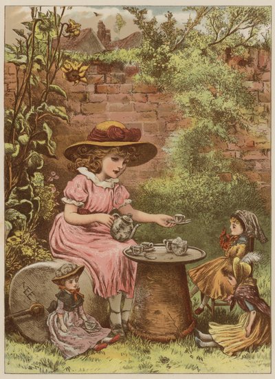 Flicka som serverar te till sina dockor (chromolitho) av Mary Ellen Edwards