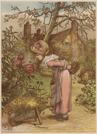 Flicka som tittar på bi i trädgården (chromolitho) av Mary Ellen Edwards
