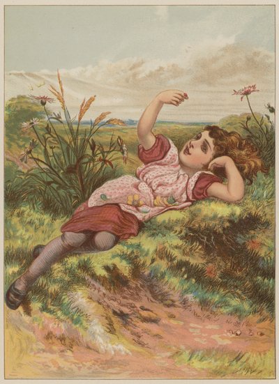 Flicka med nyckelpiga (chromolitho) av Mary Ellen Edwards