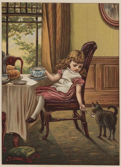 Flicka med svart katt (chromolitho) av Mary Ellen Edwards