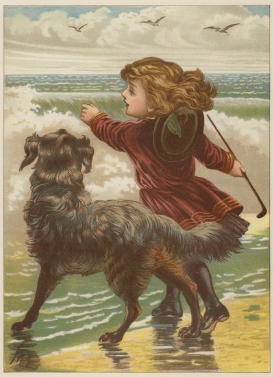 Flicka med hund på stranden (chromolitho) av Mary Ellen Edwards