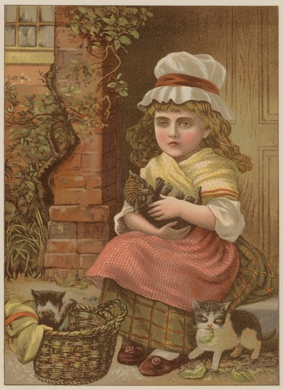 Flicka med kattungar (chromolitho) av Mary Ellen Edwards
