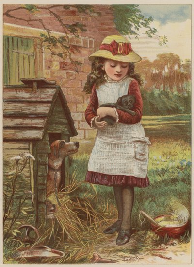 Flicka med valp (chromolitho) av Mary Ellen Edwards