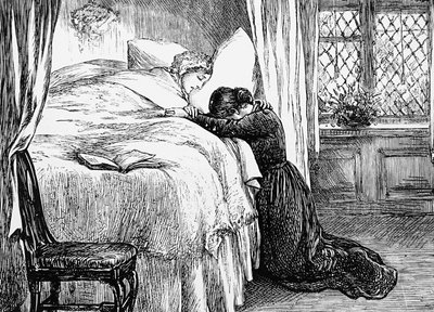Illustration som visar en dotter som gråter vid sin mammas dödsbädd av Mary Ellen Edwards