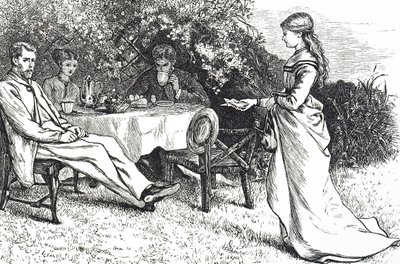 Illustration som visar en familj som tar frukost i trädgården av Mary Ellen Edwards