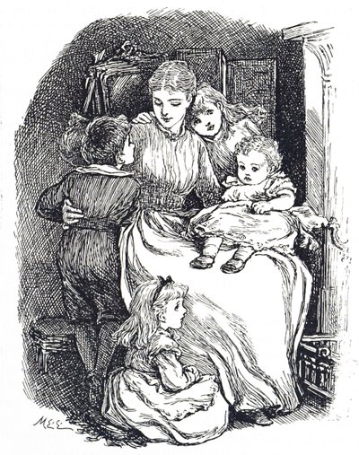 Illustration som visar en mamma med sina barn av Mary Ellen Edwards