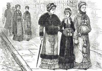 Illustration som visar unga kvinnor med muffar, för att hålla händerna varma under det kallare vädret av Mary Ellen Edwards
