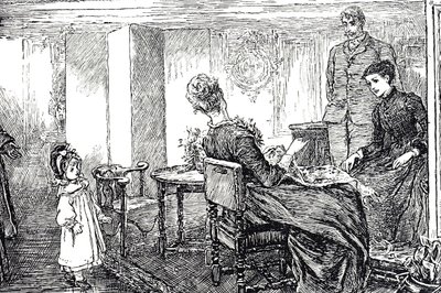 Illustration av en liten flicka som tas om hand av sina mostrar och farbror under en eftermiddag av Mary Ellen Edwards