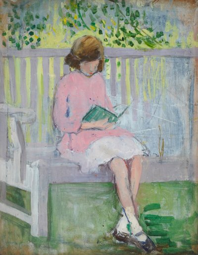 Girl Reading (olja på trä) av Mary Ethel Hunter