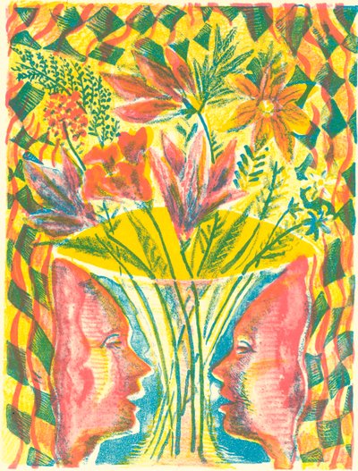Ansikten och blommor, 2015 (litografi) av Mary Kuper