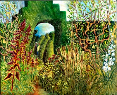 Great Dixter: Topiary and flowers, 2003 (olja ombord) av Mary Kuper