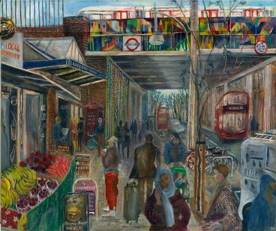 Ladbroke Grove strax före lockdown: 4, stationen, 2020 (olja ombord) av Mary Kuper