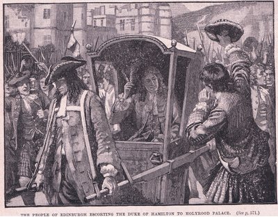 Folket i Edinburgh eskorterar hertigen av Hamilton till Holyrood Palace 1706 e.Kr av Mary L. Gow