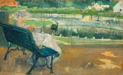 Lydia sitter på en veranda, virkar, ca 1881 av Mary Cassatt