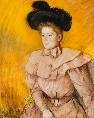 Kvinna i en svart hatt och en hallonrosa kostym, c.1899 av Mary Cassatt