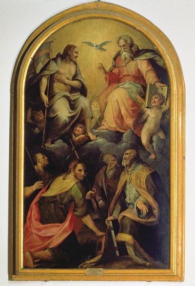 Den heliga treenigheten med helgon av Maso da San Friano