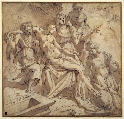 Pietan (penna & brunt bläck med brun tvätt på vitt papper) av Maso da San Friano