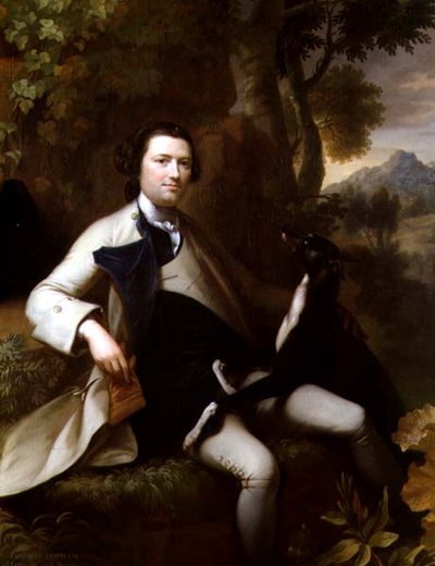 Francis Popham (d.1780) sittande i ett skogslandskap med sin vinthund (olja på duk) av Mason Chamberlain