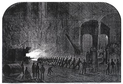 Processen att rulla pansarplåtar för Hennes Majestäts fartyg vid Alas Steelworks, Sheffield, illustration från 