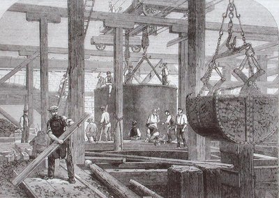 Vy över byggnadsarbete som äger rum vid Blackfriars Bridge för London, Chatham och Dover Railway som visar sänkningen av en cylinder för en av de cirkulära stenpirerna av Mason Jackson