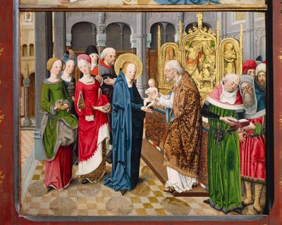 Presentation i templet, från berättelserna från Marias liv (olja på panel) av Master Aachen
