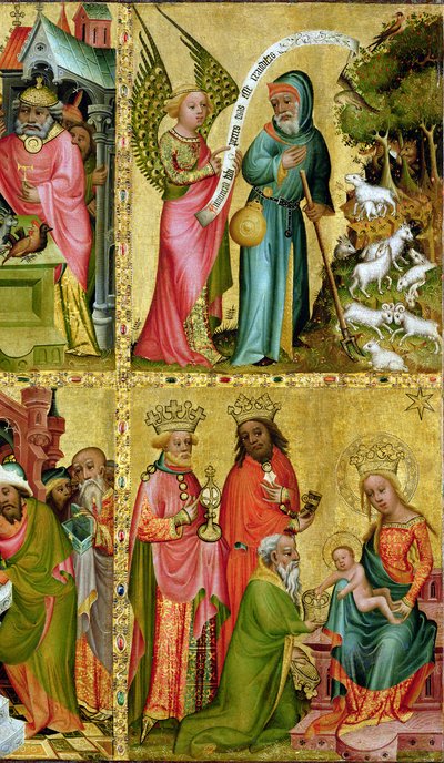 Bebådelsen till den helige Joachim och tillbedjan av männen, från Buxtehude-altarets vänstra flygel, 1400-10 (tempera på panel) (detalj av 159469) av Master Bertram of Minden