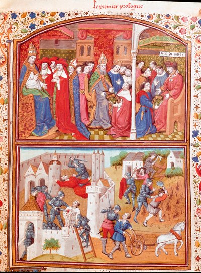 Prolog: författaren presenterar sin bok för hertigen av Berry och skådeplatsen för massakern på plöjare Miniatyr tagen från "" Cases of noble men and women unfortunes"" (De casibus) av Giovanni Boccaccio dit Jean Boccace (1313-1375), italiensk författare , av Master Dunois