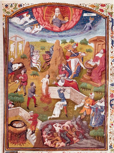 Vision of Boccace: scen för tortyr, hängning, massaker Miniatyr tagen från "" The unfortunate cases of noble men and women"" (De casibus) av Giovanni Boccaccio dit Jean Boccace (1313-1375), italiensk författare, översatt av Laurent de Premierfait och enlum av Master Dunois