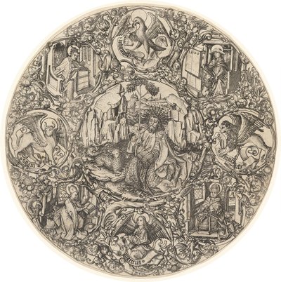 Johannes döparen i öknen med Guds lamm, omgiven av symbolerna för evangelisterna och kyrkans fyra fäder av Master E.S.
