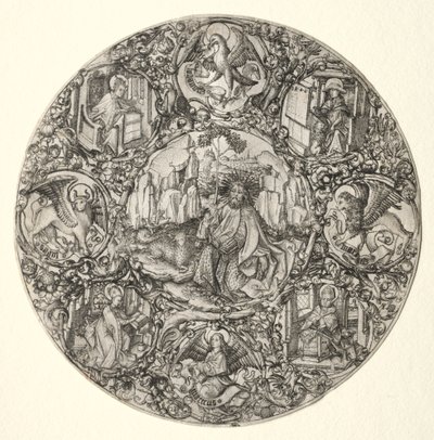 Johannes Döparen omgiven av den latinska kyrkans evangelister och fyra fäder, 1466. av Master E. S.
