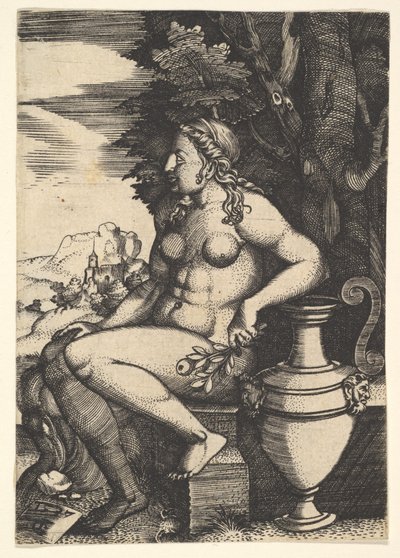 Sitter naken bredvid en vas, 1537. av Master FG