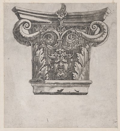 Mirror of Roman Magnificence: Kapital med peapod-rullar och satyrhuvud, ca. 1537., ca. 1537 av Master GA