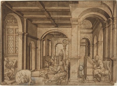 Fyra evangelister i ett scriptorium av Master I.K.