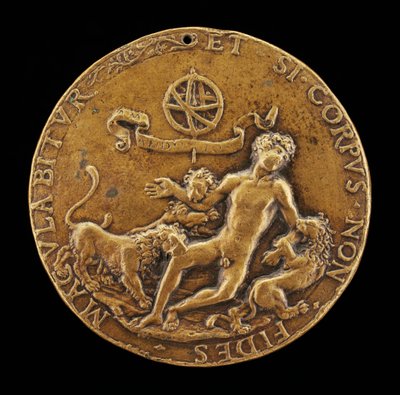 En allegori om tro: Lions som slukar en naken ungdom [framsidan]. av Master IO.FF.
