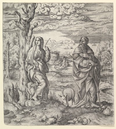 Saint John och Anthony i ett landskap, ca. 1544-45. av Master IQV