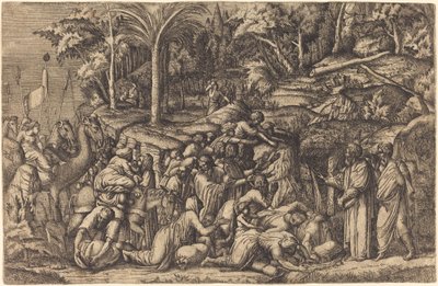 Moses slår klippan av Master IV after Francesco Primaticcio