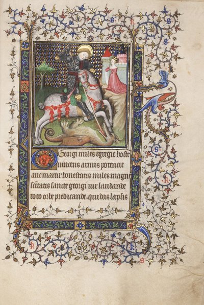 MS Widener 4 f.188r, St. George Fighting the Dragon, från a Book of Hours, användning av Rennes, c.1405 (penna & bläck och tempera på veläng) av Master Lucon