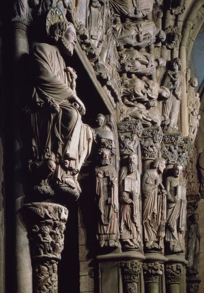 Detalj av Portico de la Gloria föreställande St James, sten från 1100-talet av Master Mateo