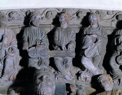 Detalj av Portico de la Gloria föreställande musiker sten av Master Mateo