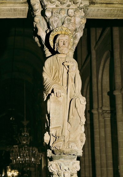 Stödstolpe med gestalten av Saint James, Portico of Glory, Cathedrale Santiago de Compostela av Master Mateo