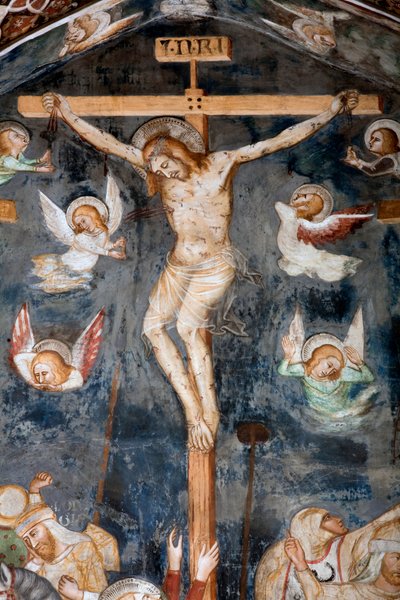 Korsfästelsesdetaljen som representerar Kristus med inskriptionen INRI av Master Trecentesco of Sacro Speco School