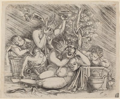Bacchanalisk scen med satyrer och en maenad av Master of 1515