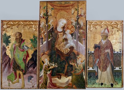 Jungfru med barn, Johannes döparen och den helige Ambrosius - Altartavla med tre panel, omkring 1430 av Master of Burgo de Osma