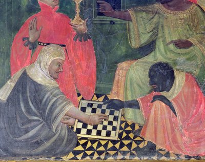 En mor och en kristen som spelar schack, från altartavlan av SS Nicholas, Claire och Anthony Abbot (tempera på panel) av Master of Castellitx
