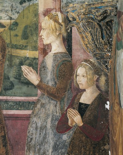Italien, regionen Piemonte, provinsen Alessandria, Serralunga di Crea, Sacro Monte di Crea, Santa Maria Assunta-helgedomen, Sankt Margareta av Antiochias kapell, fresker föreställande Paleologo och Bernarda di Bosse av Master of Crea