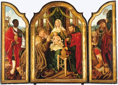 Den heliga familjen med Melchior erbjuder guld till Kristusbarnet av Master of Frankfurt