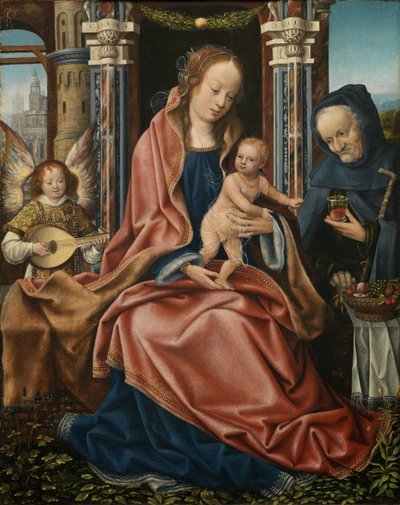 Triptyk av den heliga familjen med musik som gör änglar. Centralpanel, ca 1510-1520 av Master of Frankfurt